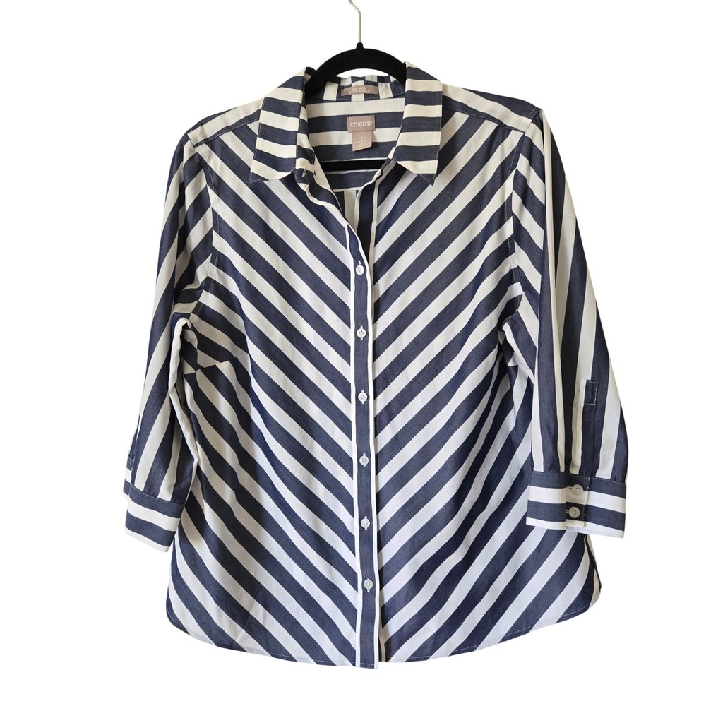 Chico's 2 Womens 12 Button Down Shirt Navy White Striped No-Iron 3/4 Sleeve